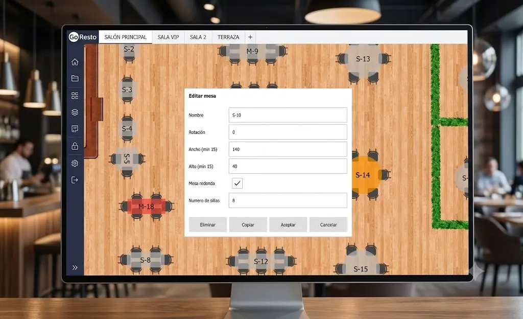 Menú de edición de propiedades de mesa en Go Resto